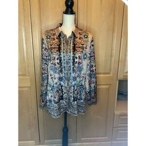 Chicos Women’s 2 US L Floral Scroll Print Hidden Button Long Sleeve Tunic Top